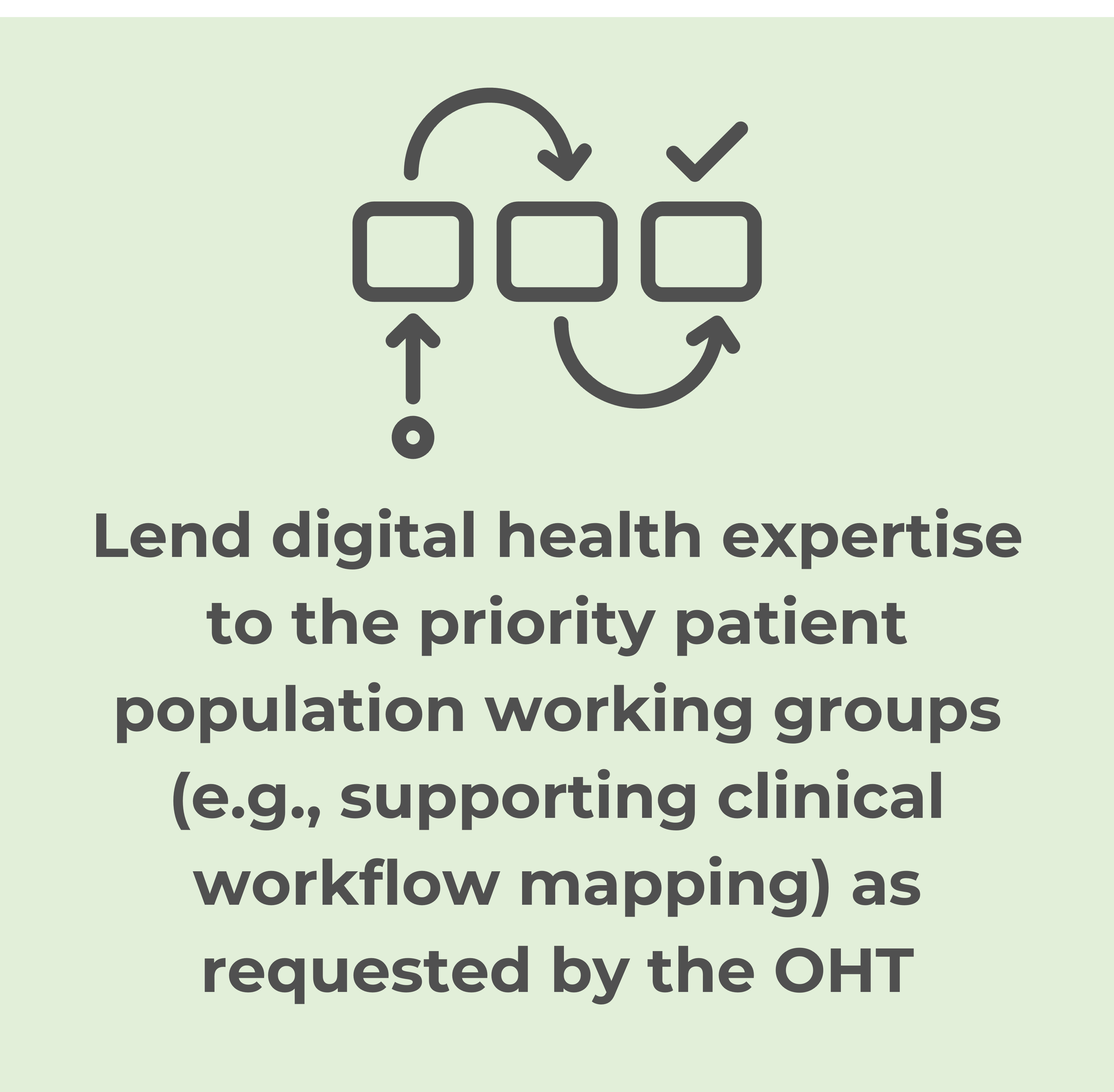 Lend digital health expertise to the priority patient population working groups (e.g., supporting clinical workflow mapping) as requested by the OHT